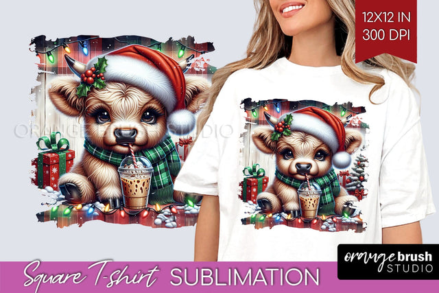 Christmas Square Tshirt Background, Highland Cow Sublimation Sublimation OrangeBrushStudio 
