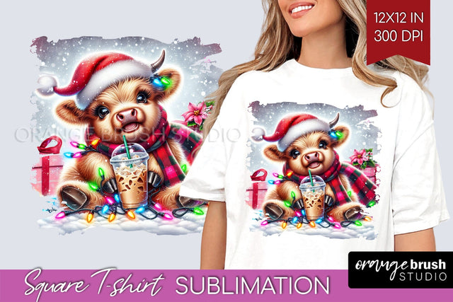 Christmas Square Tshirt Background, Highland Cow Sublimation Sublimation OrangeBrushStudio 