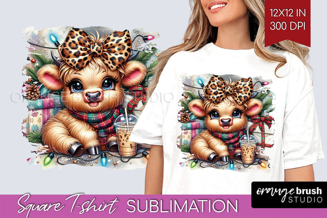 Christmas Square Tshirt Background, Highland Cow Sublimation Sublimation OrangeBrushStudio 