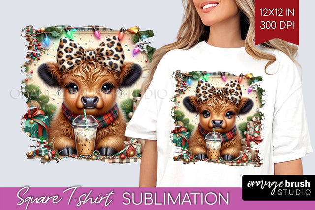 Christmas Square Tshirt Background, Highland Cow Sublimation Sublimation OrangeBrushStudio 