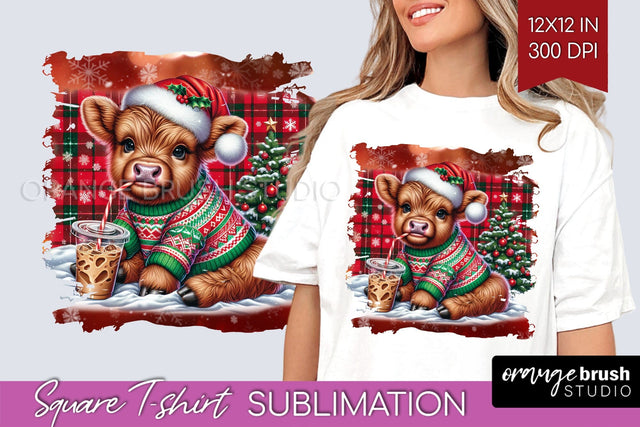 Christmas Square Tshirt Background, Highland Cow Sublimation Sublimation OrangeBrushStudio 