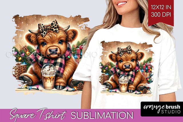 Christmas Square Tshirt Background, Highland Cow Sublimation Sublimation OrangeBrushStudio 