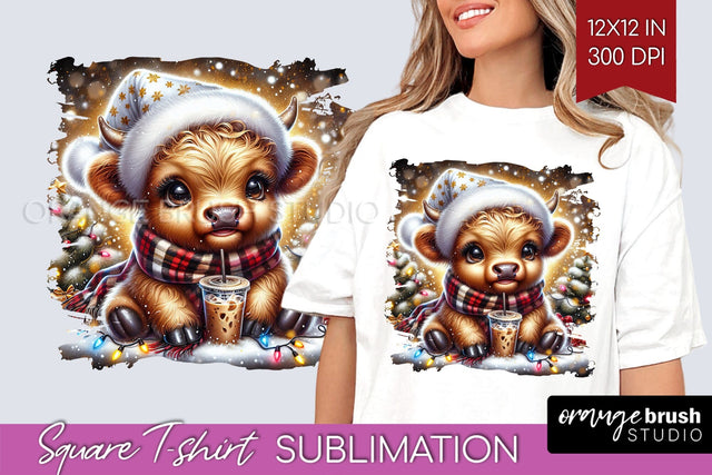 Christmas Square Tshirt Background, Highland Cow Sublimation Sublimation OrangeBrushStudio 