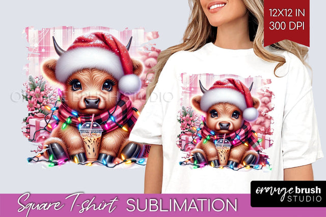 Christmas Square Tshirt Background, Highland Cow Sublimation Sublimation OrangeBrushStudio 