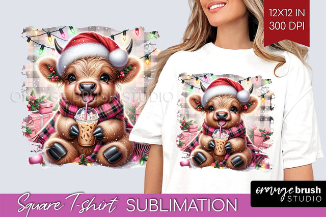 Christmas Square Tshirt Background, Highland Cow Sublimation Sublimation OrangeBrushStudio 