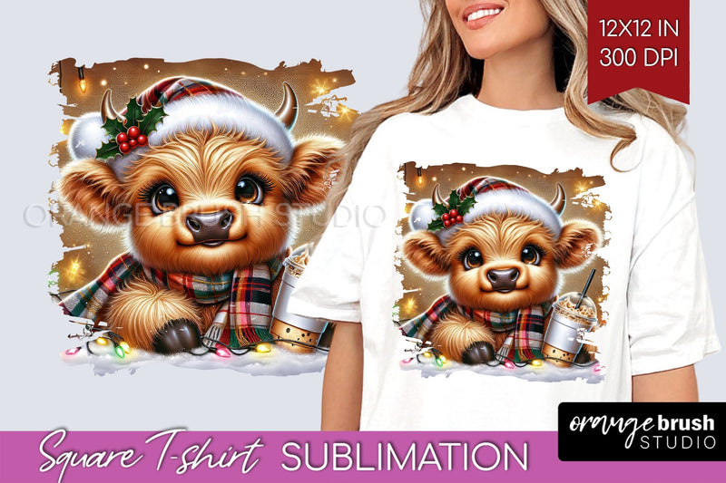 Christmas Square Tshirt Background, Highland Cow Sublimation Sublimation OrangeBrushStudio 