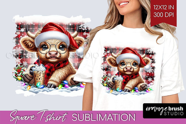 Christmas Square Tshirt Background, Highland Cow Sublimation Sublimation OrangeBrushStudio 