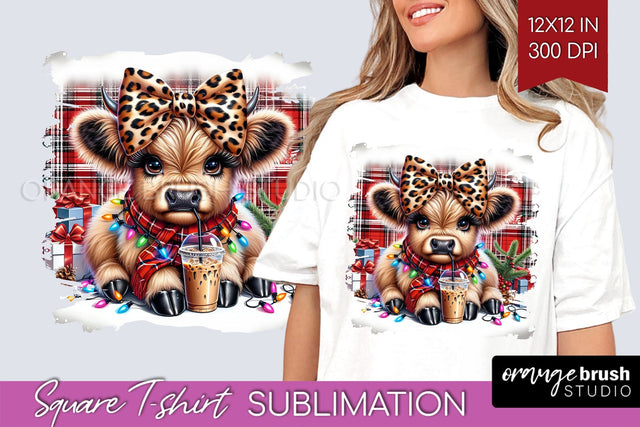 Christmas Square Tshirt Background, Highland Cow Sublimation Sublimation OrangeBrushStudio 