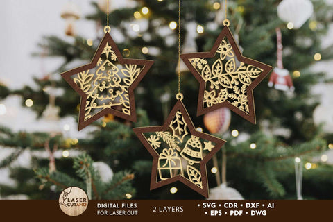 CHRISTMAS STARS ORNAMENTS SET, Decorative Template, Wood Cut and Paper Cut Files SVG LaserCutano 