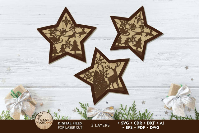 Christmas Stars Ornaments SET, Multilayer Cut Files, Wood Cut and Paper Cut Templates, Laser Cut SVG LaserCutano 