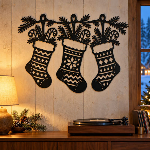 Christmas Stocking Garland Laser SVG | 3 Hanging Stockings DXF | Holiday Mantel Metal Wall Art | Christmas Plasma CNC Cutting File SVG HappyDesignStudio 