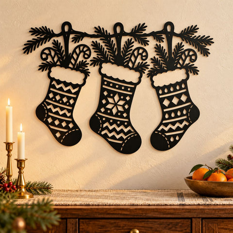 Christmas Stocking Garland Laser SVG | 3 Hanging Stockings DXF | Holiday Mantel Metal Wall Art | Christmas Plasma CNC Cutting File SVG HappyDesignStudio 