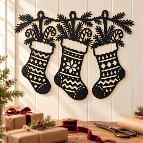 Christmas Stocking Garland Laser SVG | 3 Hanging Stockings DXF | Holiday Mantel Metal Wall Art | Christmas Plasma CNC Cutting File SVG HappyDesignStudio 