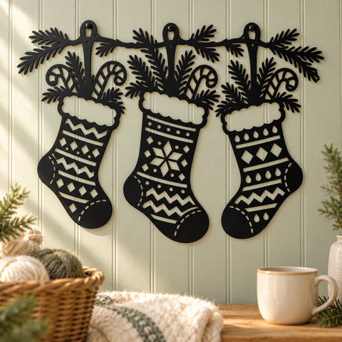 Christmas Stocking Garland Laser SVG | 3 Hanging Stockings DXF | Holiday Mantel Metal Wall Art | Christmas Plasma CNC Cutting File SVG HappyDesignStudio 