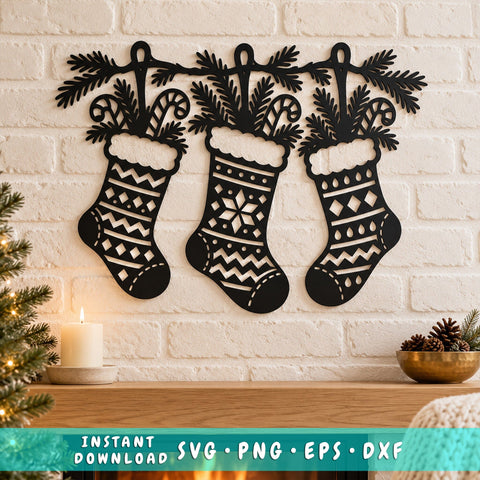 Christmas Stocking Garland Laser SVG | 3 Hanging Stockings DXF | Holiday Mantel Metal Wall Art | Christmas Plasma CNC Cutting File SVG HappyDesignStudio 