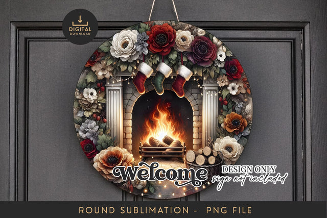 Christmas Stockings on Fireplace Round Welcome Sublimation Sublimation BijouBay 