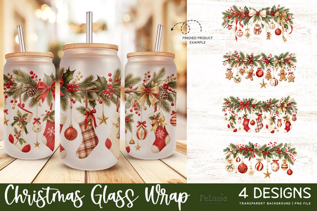 Christmas Sublimation Glass Wrap | 16oz Glass Can Wrap Sublimation Petunia Digital Design 