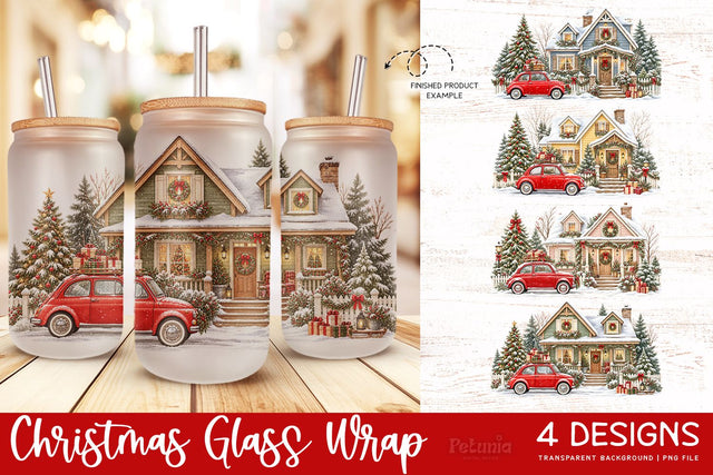 Christmas Sublimation Glass Wrap | 16oz Glass Can Wrap Sublimation Petunia Digital Design 