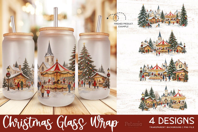 Christmas Sublimation Glass Wrap | 16oz Glass Can Wrap Sublimation Petunia Digital Design 