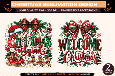 Christmas Sublimation PNG Bundle, Christmas Squad and Welcome Christmas Designs, Retro Holiday T-Shirt Graphics Sublimation BlackCatsMedia 