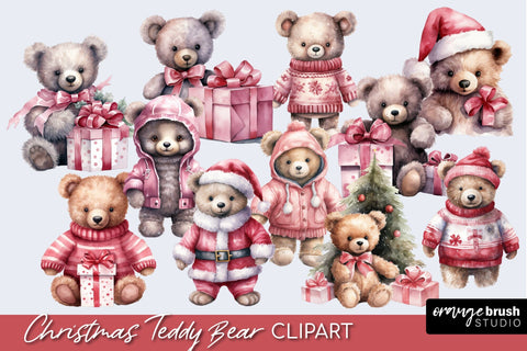Christmas Teddy Bear Watercolor Clipart & Sublimation Sublimation OrangeBrushStudio 