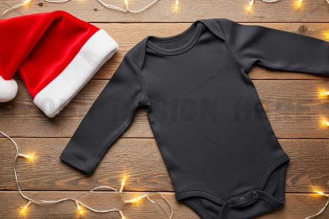 Christmas themed baby onesie with santa hat Mock Up Photo Designangry 