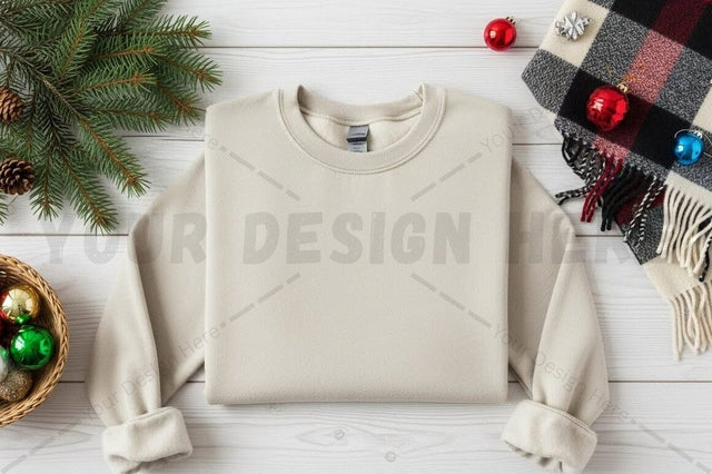 Christmas themed beige crew neck sweatshirt Mock Up Photo Designangry 