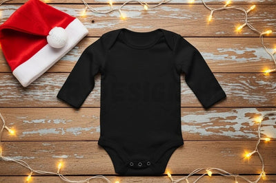 Christmas themed black long-sleeve baby onesie Mock Up Photo Designangry 