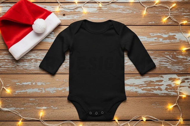 Christmas themed black long-sleeve baby onesie Mock Up Photo Designangry 