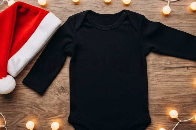Christmas themed black long sleeve onesie Mock Up Photo Designangry 