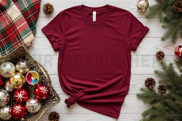 Christmas-themed burgundy t-shirt mockup Mock Up Photo Designangry 