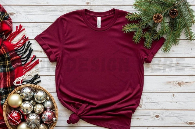 Christmas-themed burgundy t-shirt mockup Mock Up Photo Designangry 