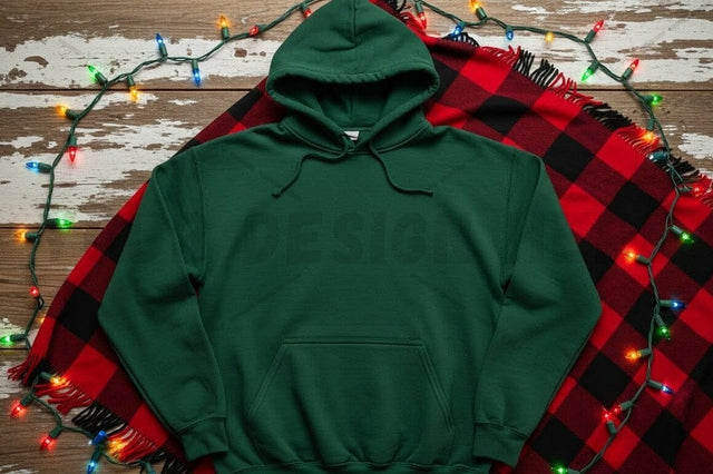 Christmas-themed green hoodie with plaid lining Mock Up Photo Designangry 