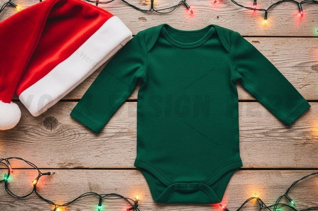 Christmas themed green long sleeve baby onesie Mock Up Photo Designangry 