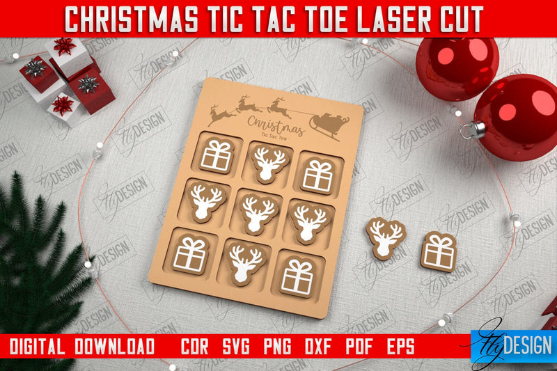 Christmas Tic Tac Toe | Noughts and Crosses | Classic Board Game | CNC File SVG Fly Design 