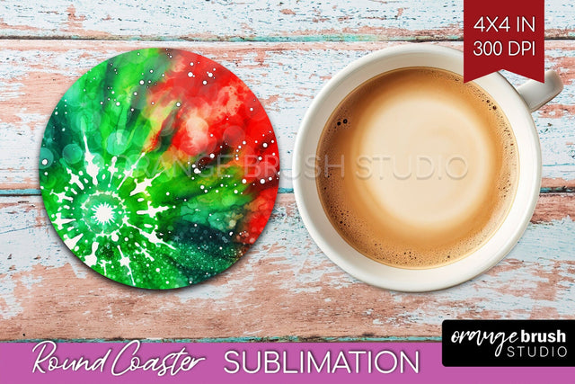 Christmas Tie Dye Round Coaster Sublimation Glitter Coaster Sublimation OrangeBrushStudio 