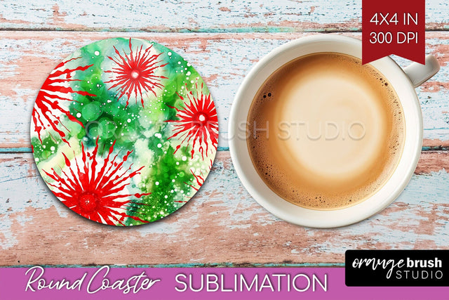 Christmas Tie Dye Round Coaster Sublimation Glitter Coaster Sublimation OrangeBrushStudio 