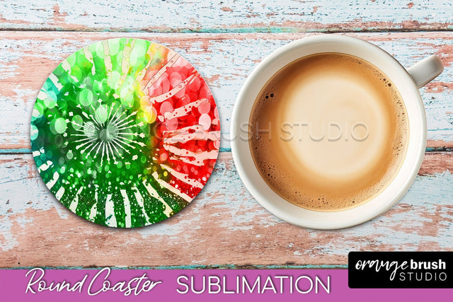 Christmas Tie Dye Round Coaster Sublimation Glitter Coaster Sublimation OrangeBrushStudio 
