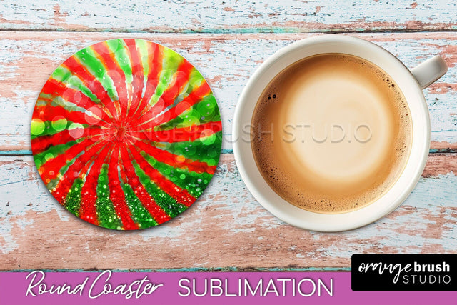 Christmas Tie Dye Round Coaster Sublimation Glitter Coaster Sublimation OrangeBrushStudio 