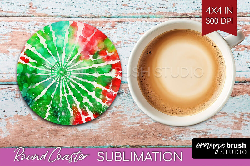 Christmas Tie Dye Round Coaster Sublimation Glitter Coaster Sublimation OrangeBrushStudio 