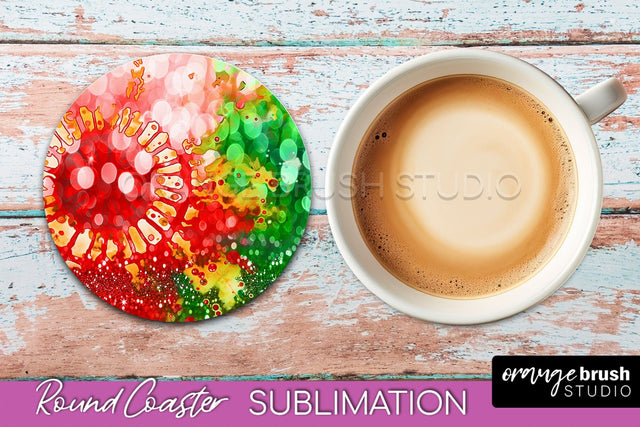 Christmas Tie Dye Round Coaster Sublimation Glitter Coaster Sublimation OrangeBrushStudio 