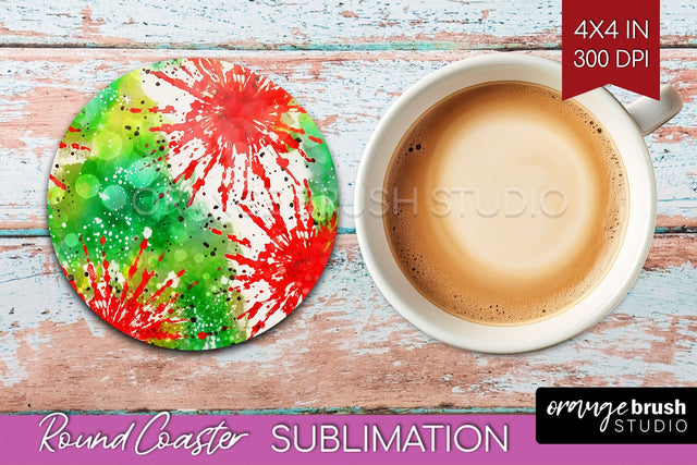 Christmas Tie Dye Round Coaster Sublimation Glitter Coaster Sublimation OrangeBrushStudio 