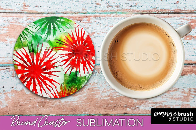 Christmas Tie Dye Round Coaster Sublimation Glitter Coaster Sublimation OrangeBrushStudio 