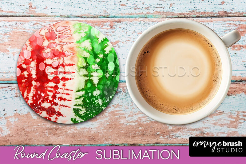 Christmas Tie Dye Round Coaster Sublimation Glitter Coaster Sublimation OrangeBrushStudio 