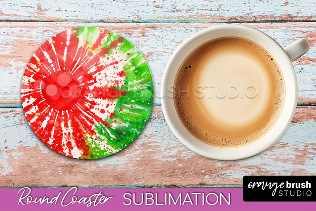 Christmas Tie Dye Round Coaster Sublimation Glitter Coaster Sublimation OrangeBrushStudio 