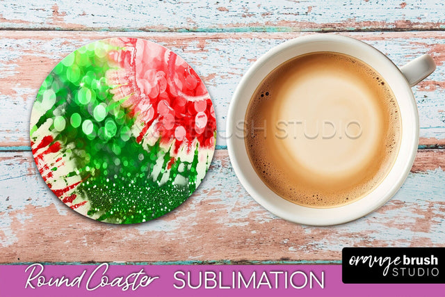Christmas Tie Dye Round Coaster Sublimation Glitter Coaster Sublimation OrangeBrushStudio 