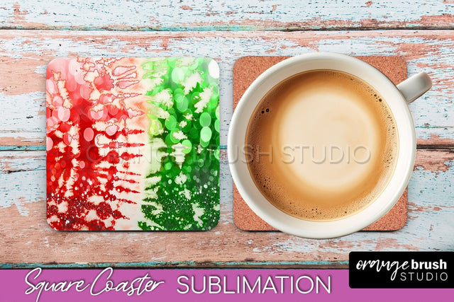 Christmas Tie Dye Square Coaster Sublimation Glitter Coaster Sublimation OrangeBrushStudio 