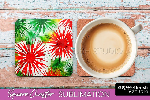 Christmas Tie Dye Square Coaster Sublimation Glitter Coaster Sublimation OrangeBrushStudio 