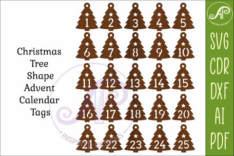 Christmas Tree Advent Calendar Tags SVG, Laser Cut Number SVG APInspireddesigns 