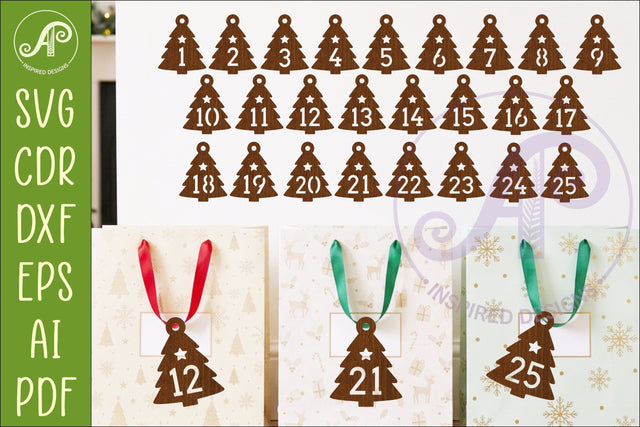 Christmas Tree Advent Calendar Tags SVG, Laser Cut Number SVG APInspireddesigns 